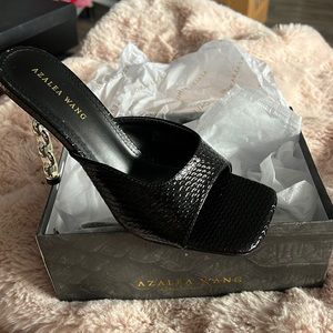 AZALEA WANG Hearts Racing Stiletto Sandal in Black. Sexy square toe snakeskin.